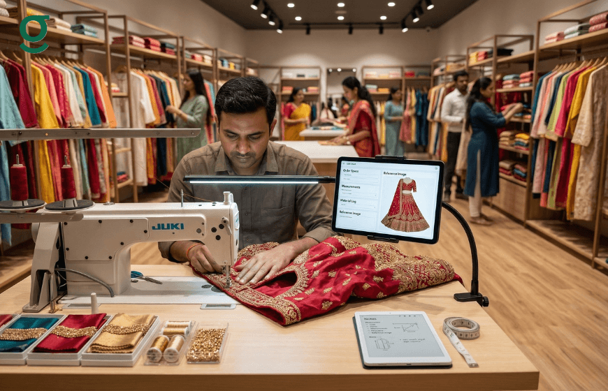 Boutique Management System assisting tailoring work with digital measurements displayed during stitching.