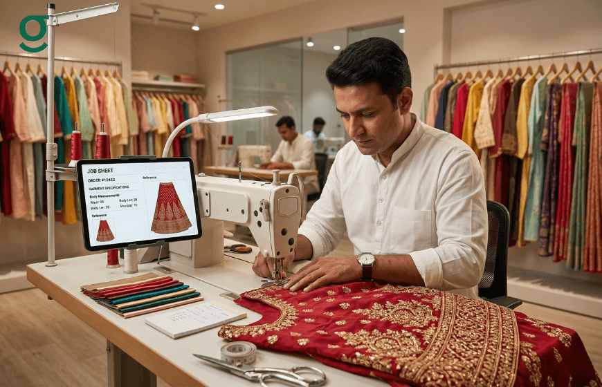 Boutique Management System streamlining stitching with a digital job sheet displayed during garment production.