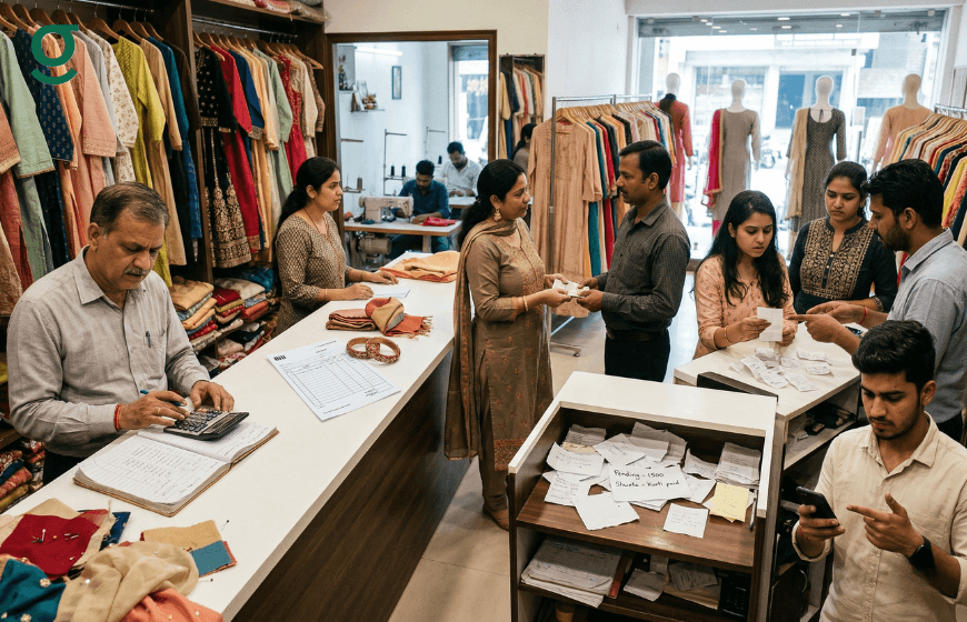 Busy boutique using tailoring software to manage orders, billing, and customer interactions.