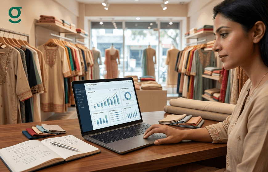 Boutique Management Application used on a laptop to track sales, inventory, and customer data inside a clothing store.