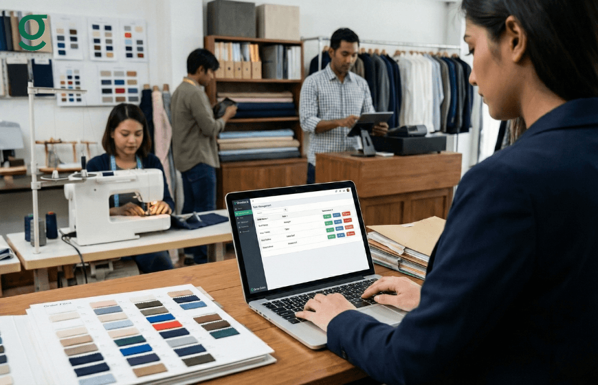 Boutique App being used by a tailor to manage fabric samples and customer orders inside a modern boutique workspace.