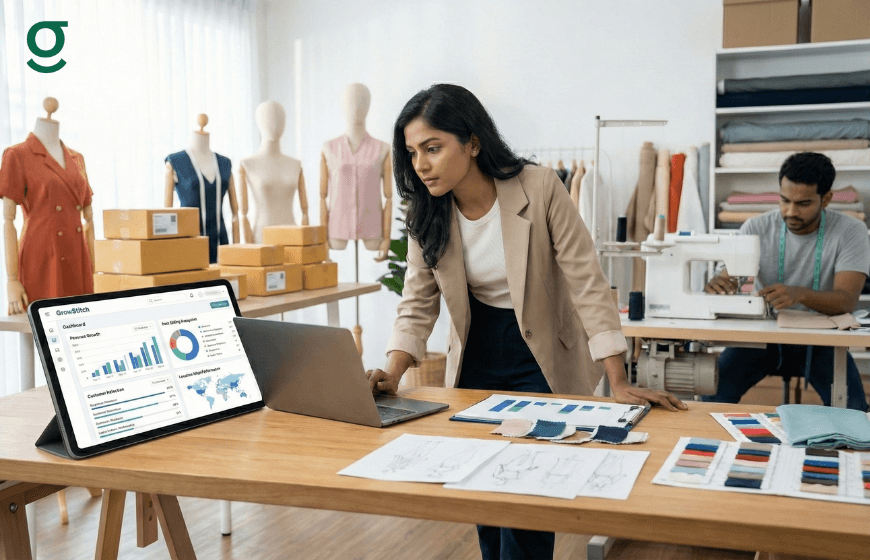 **Alt text:** Boutique App displayed on a laptop as a designer reviews fabric options and order details in a fashion boutique workspace.