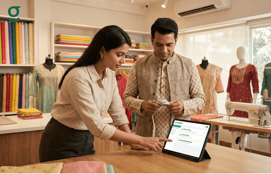 Boutique App used by a designer and client to review custom outfit details inside a fashion boutique.
