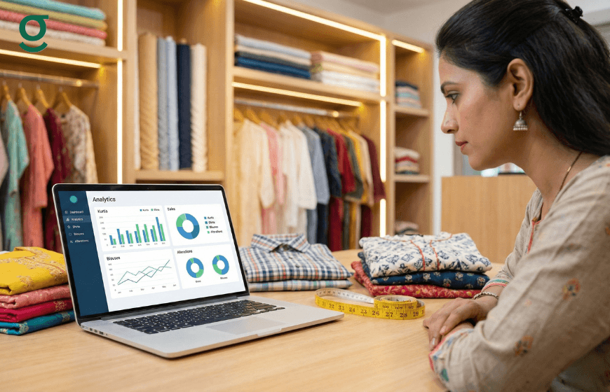 **Boutique owner reviewing analytics using Boutique Management Software.**