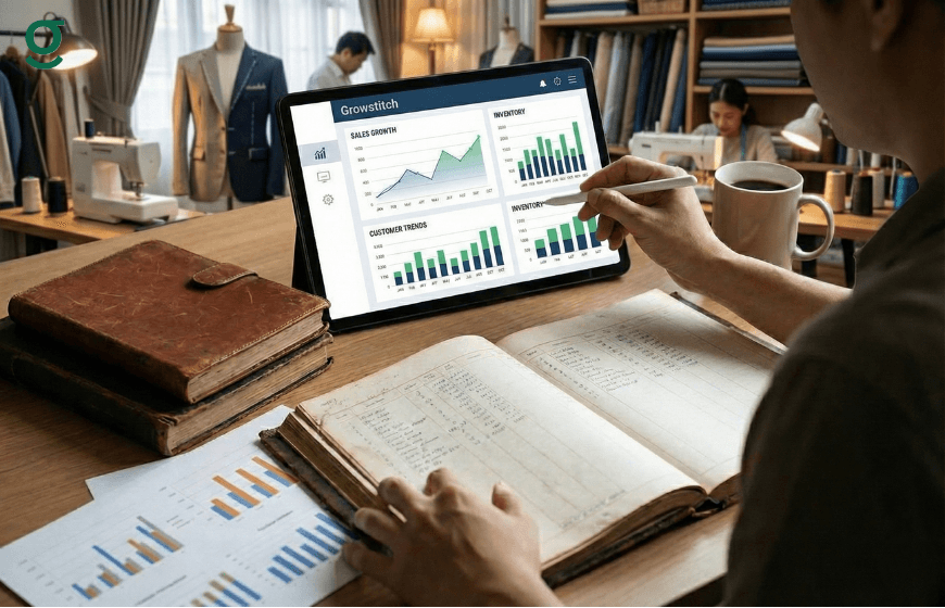 "Tailoring App dashboard showing sales and performance analytics."