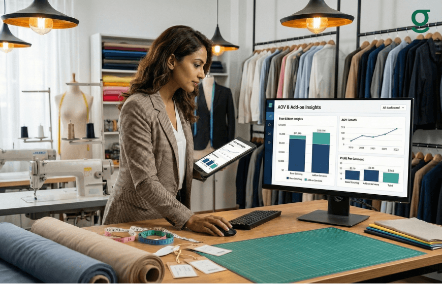 Tailoring App dashboard being used by a boutique owner in a tailoring studio