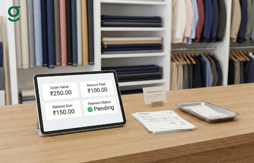 Tailoring Software on a tablet displaying order value and payment status in a boutique.