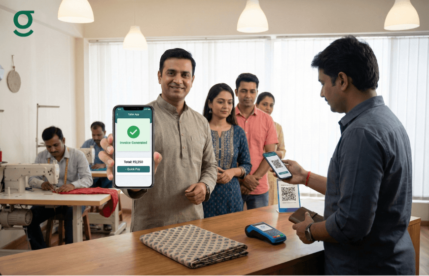 Customer paying through Digital Tailor App as a tailor shows invoice confirmation on a smartphone in a boutique