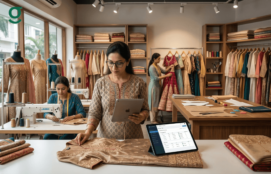 Boutique staff managing garment details and orders using tablet in store.