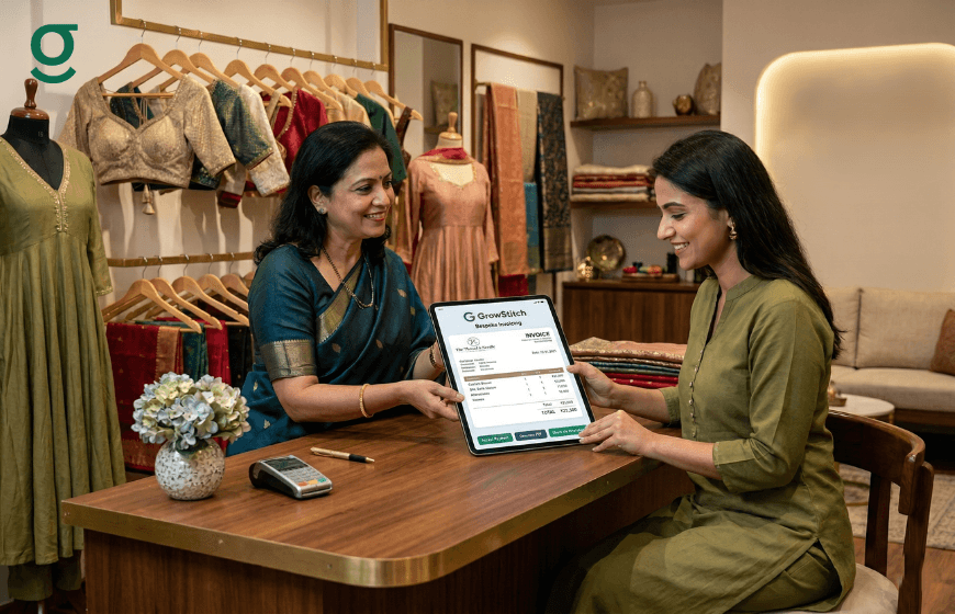 Boutique ladies tailor showing bill book format invoice to customer in clothing store