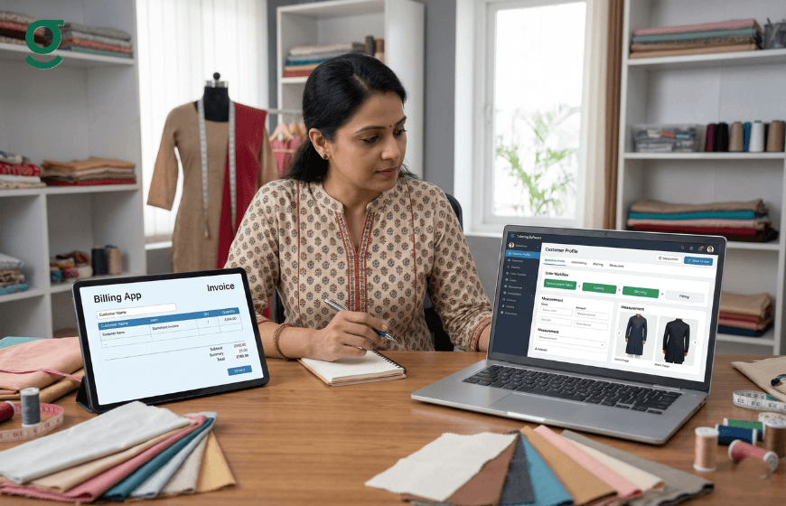 Boutique ladies tailor using bill book format on laptop and tablet with fabric samples in workspace