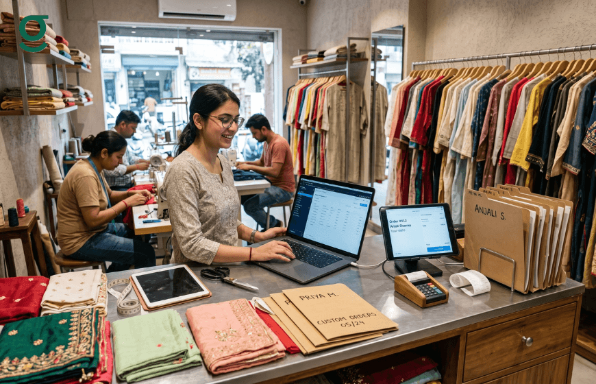 Boutique management software in use at a tailoring shop managing orders, customers, and production tasks