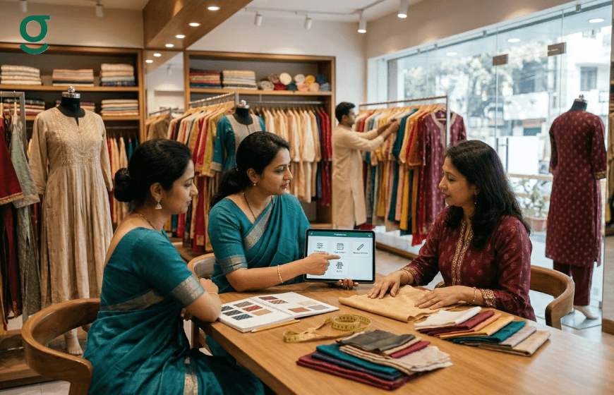 Online tailor app used to manage customer orders and fabric selection.