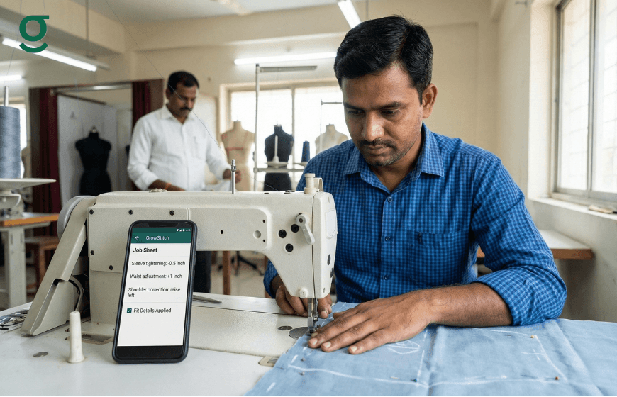 Tailor stitching fabric while using a Tailor App to follow job sheet measurements.