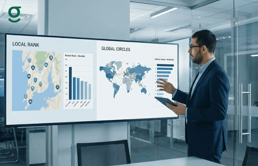 Professional analyzing growth and location data on a Tailoring App dashboard in a modern office.
