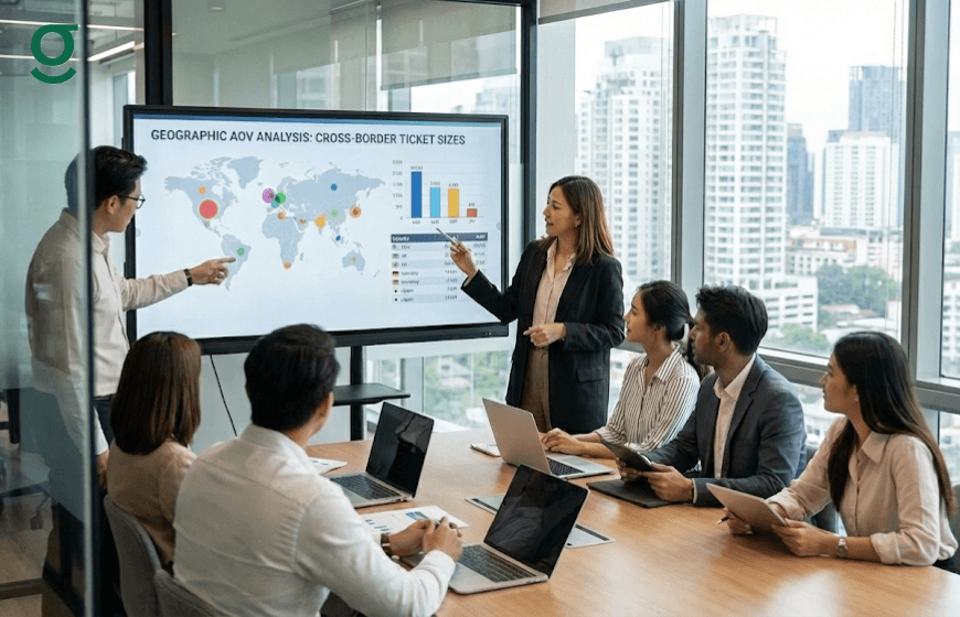Team reviewing performance analytics on a Tailoring App dashboard during a business meeting.