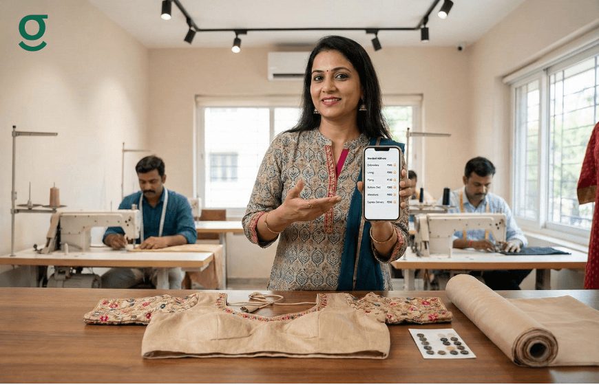 Online tailor app displaying add-on services and pricing for custom stitching in a boutique.