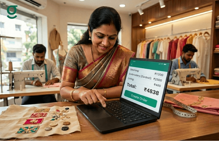 Online tailor app calculating stitching, embroidery, and lining charges for quick order creation in a boutique.