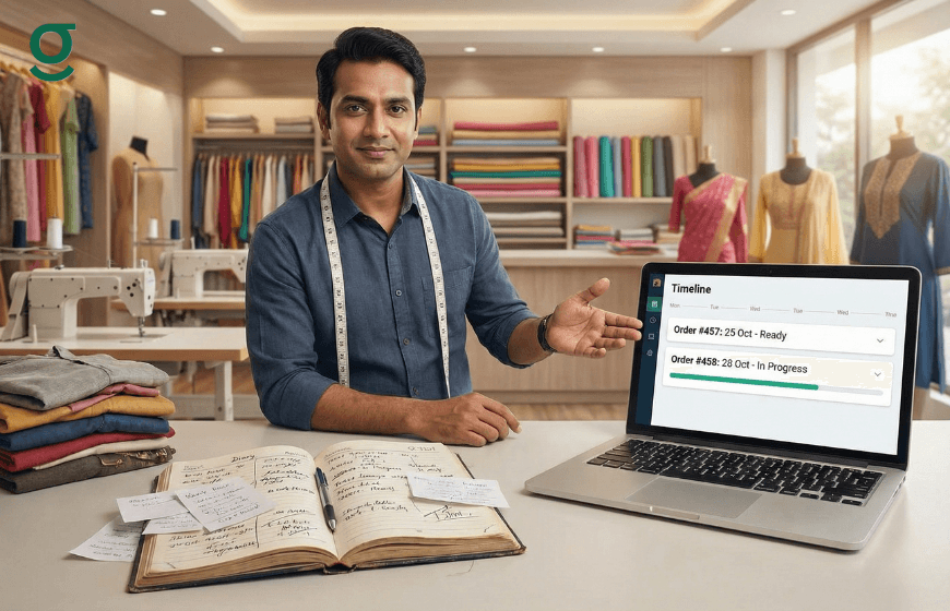 Tailoring software shown on a laptop for managing boutique orders and production.