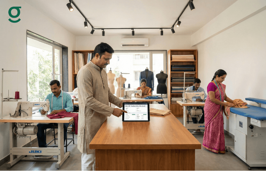 Tailoring software used in a workshop to manage orders and track production work.