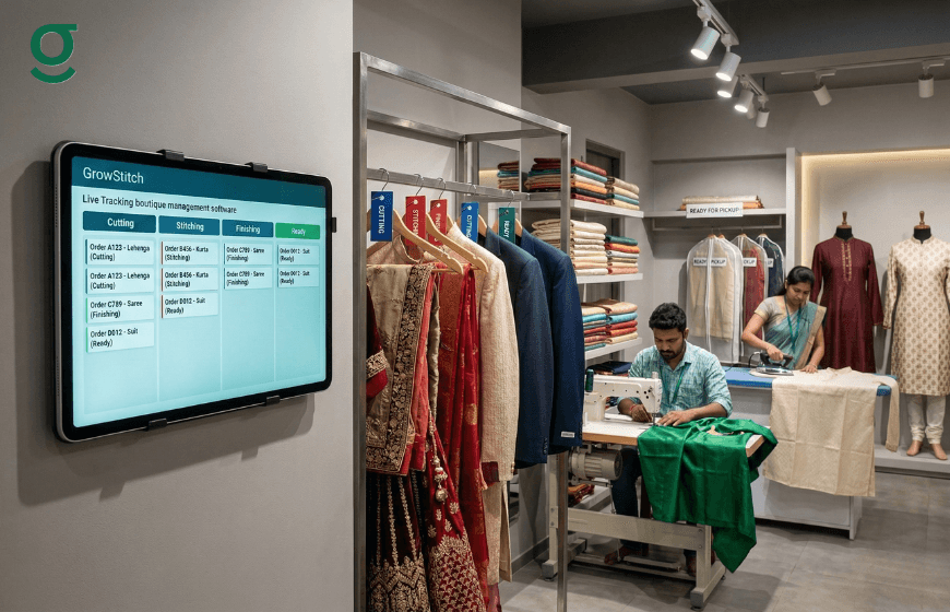 Tailor app tracking production stages and workflow in a boutique.