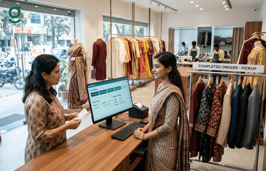 Tailor app managing order pickup and customer interaction in a boutique.