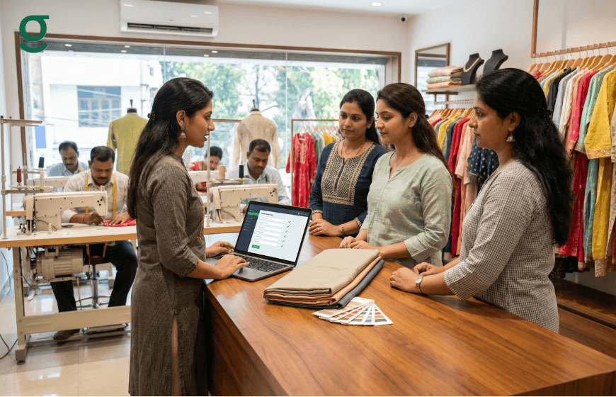 Boutique staff using tailor measurement app on laptop to manage customer orders and fittings
