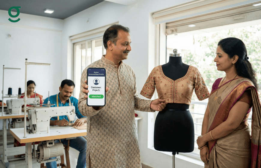 Tailor showing customer profile on tailor measurement app beside customized blouse in boutique.