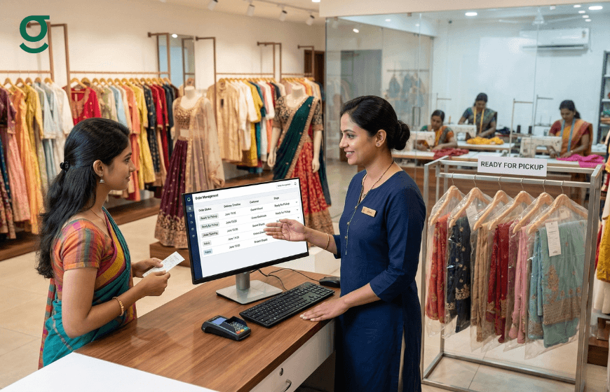 Tailoring Software managing order status and pickup as staff assist a customer at the boutique counter.