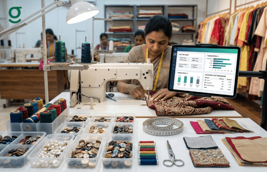 Tailoring Software tracking production and materials as a tailor stitches a garment with real-time analytics on screen.