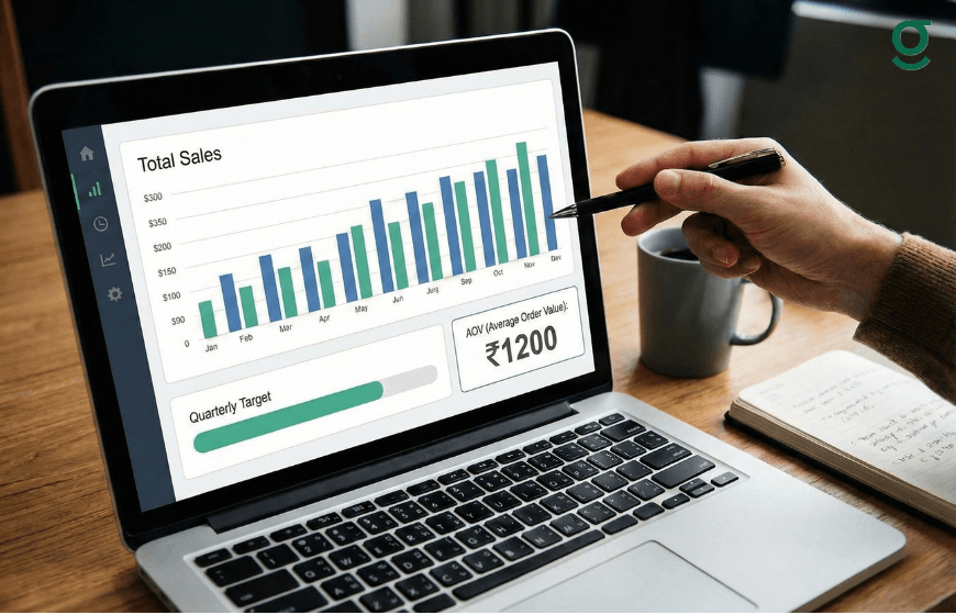 Boutique App showing sales analytics and revenue data on a laptop screen.