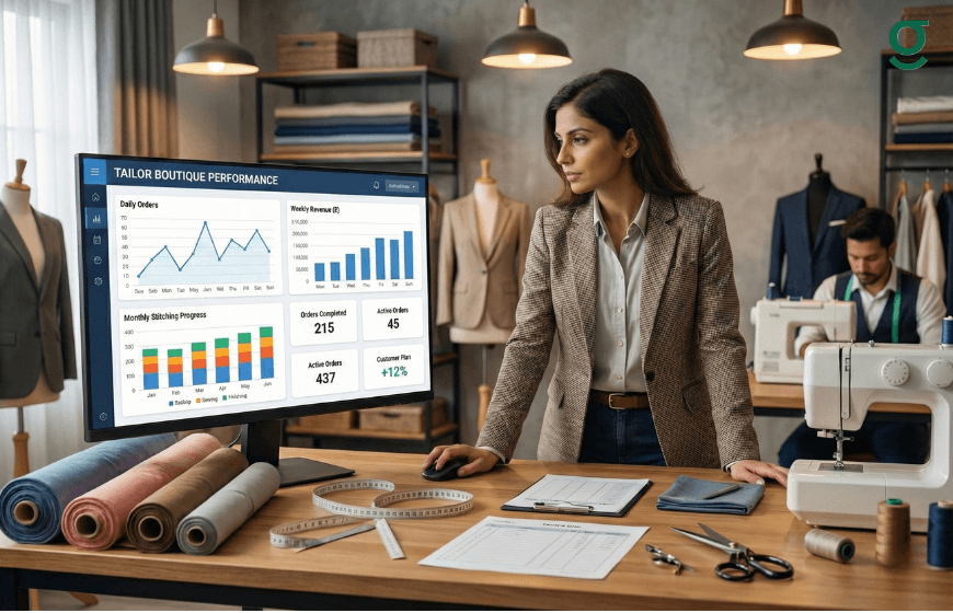 Boutique App dashboard displaying sales and performance insights inside a tailoring studio.