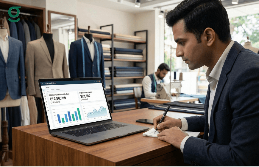Boutique owner reviewing revenue insights and orders using a Boutique App in a tailoring store.