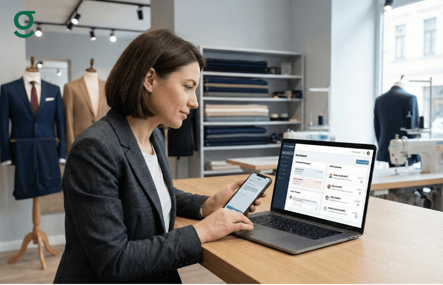 Boutique owner managing orders and customers using a Boutique App on laptop and smartphone.