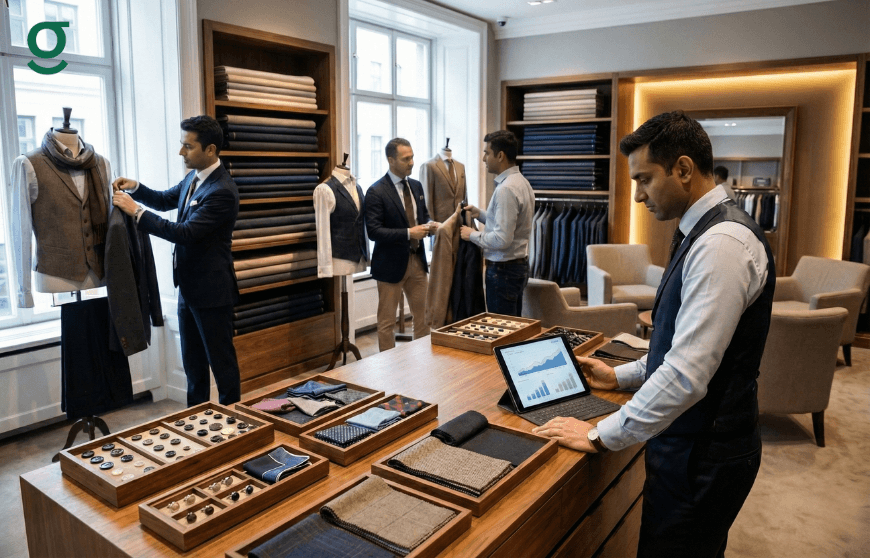 Boutique staff analyzing sales and managing orders using a Boutique App inside a tailoring showroom.