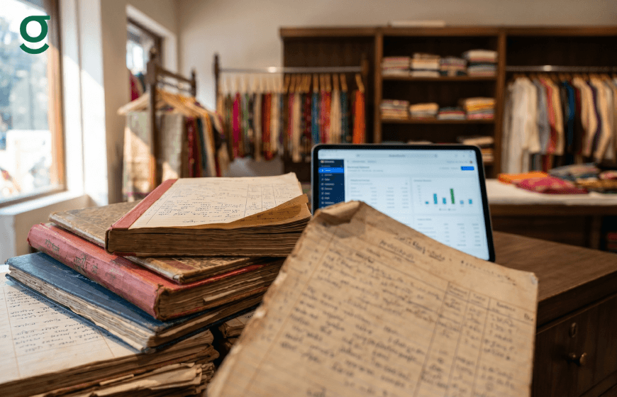 Boutique management software on a tablet beside old paper ledgers in a clothing store, highlighting the shift from manual to digital tracking.