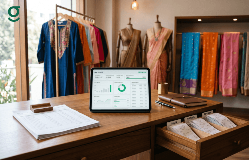 Boutique management software dashboard on a tablet at a retail counter with clothing displays, invoices, and organized receipts.
