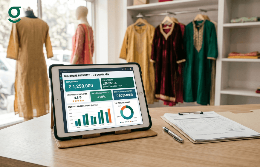 Tablet displaying boutique management software dashboard with sales, inventory, and performance insights in a clothing store.