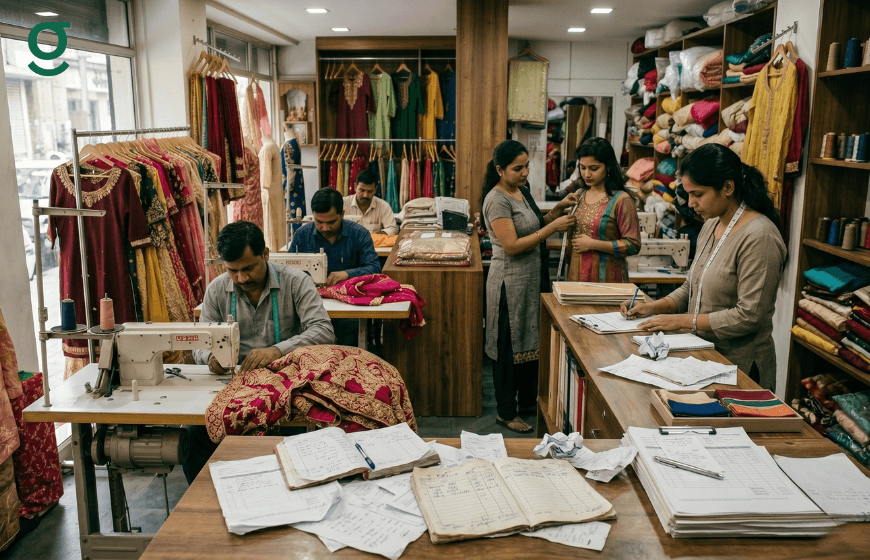 Busy boutique without boutique management software, staff handling tailoring, inventory, and records manually with paperwork.