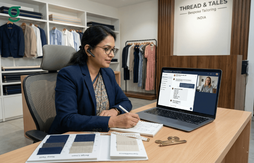 Woman using an online tailor app on a laptop while taking measurements in a tailoring studio.