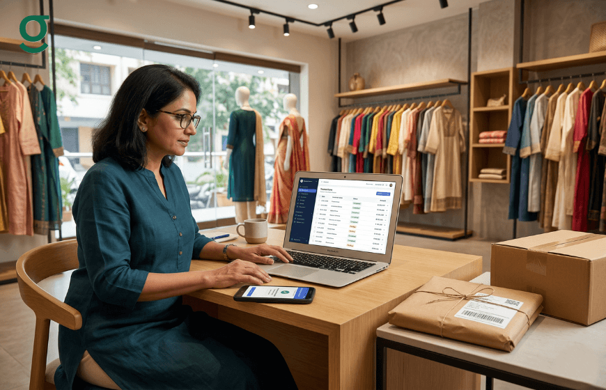 Woman managing orders on an online tailor app using a laptop in a clothing store.