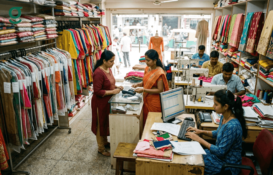 Boutique software in use at a busy clothing store managing billing, tailoring, and inventory at the counter