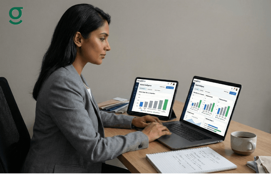 **Alt text:** Boutique owner analyzing sales and performance reports on dual screens using a digital dashboard.