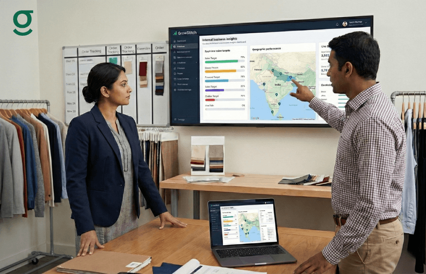 **Alt text:** Boutique team reviewing performance data and regional insights on a digital dashboard inside a modern boutique workspace.