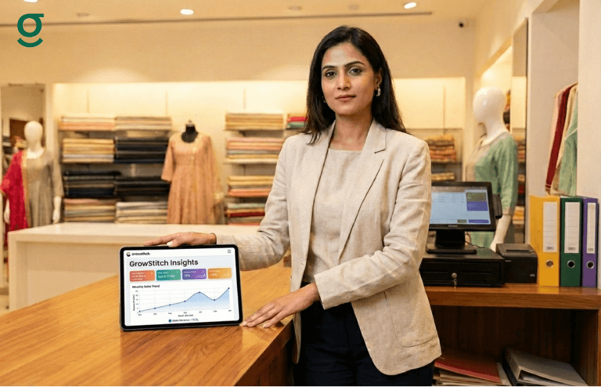 Boutique owner standing beside a counter with a digital dashboard displayed inside a modern fashion boutique.