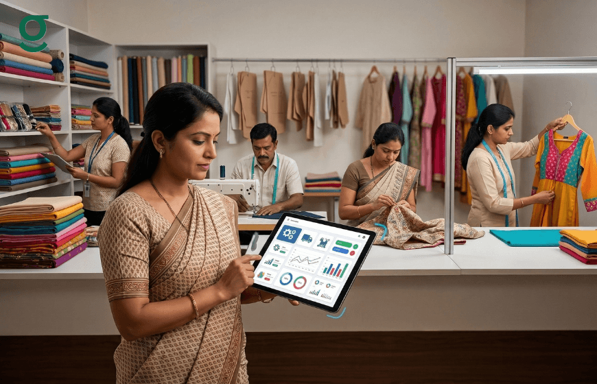Boutique manager using an Online Tailor App on a tablet to track tailoring operations while staff work in a tailoring studio.