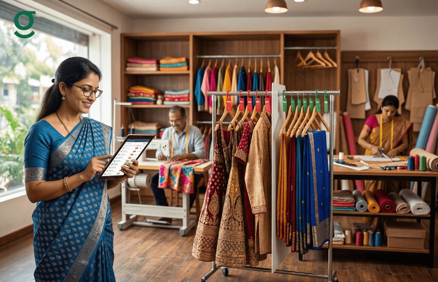 Boutique owner managing orders with an Online Tailor App on a tablet while tailors work in a clothing studio.