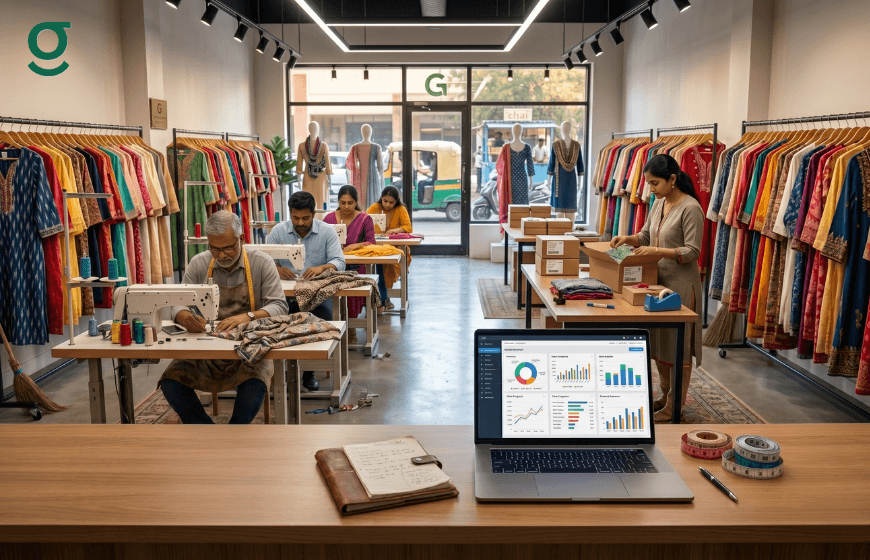 Tailoring software on a laptop managing orders and production in a busy boutique workspace.