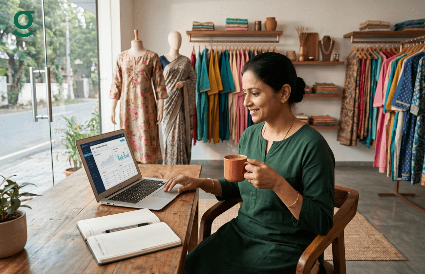 Tailoring software on a laptop used by a boutique owner managing orders and analytics.