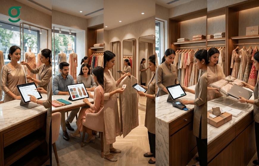 Tailoring software streamlining customer measurements, outfit selection, garment tracking, billing, and order management in a luxury fashion boutique